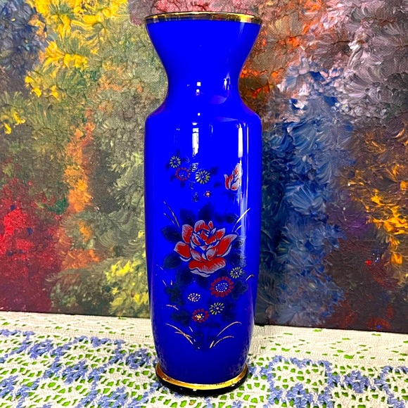 VTG Cobalt Blue Japan Glass Floral Vase with Gold Trim